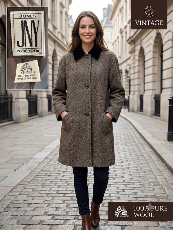 Jones New York Jackets & Blazers - JONES NEW YORK Vintage Wool Tweed Velvet Collar Coat Women's L XL Herringbone 80